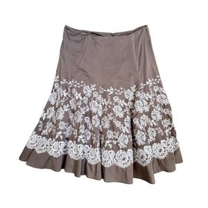 Karen Kane Brown Cotton Floral Embroidered Midi Skirt 1L35523 Womens Size 8